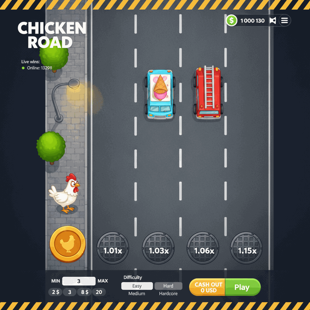 Schermata del gioco Chicken Road di InOut che mostra una gallina bianca pronta ad attraversare una strada a più corsie vista dall'alto, con moltiplicatori visibili su ogni corsia, semafori e scenari urbani laterali, interfaccia di gioco con saldo del giocatore e controlli di puntata